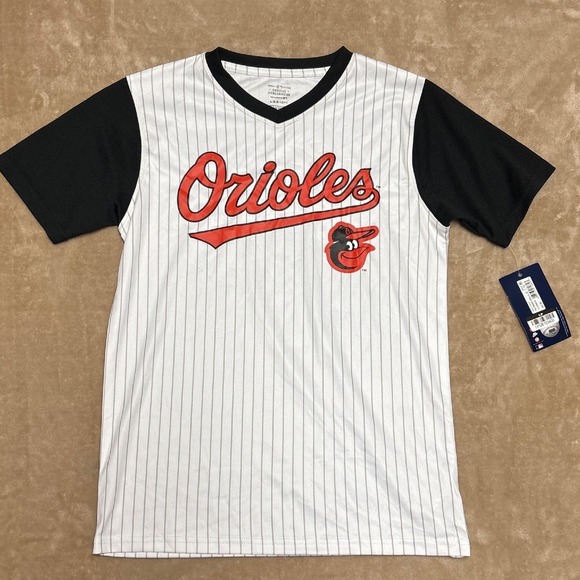 Baltimore Orioles Pinstripe Jersey V-Neck Short Sleeve Boys L-G 12/14 - Picture 1 of 2